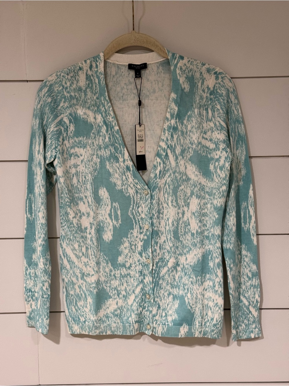 NEW Talbots Aqua and White V-Neck Button Cardigan Size SP